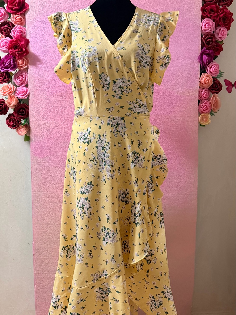 Women's Yellow Floral Wrap Dress with Ruffle Sleeves Perfect For Summer